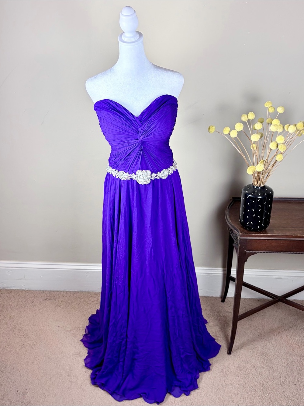 Jovani 100% Silk Royal Purple Evening Gown Size 14 Ruched with Embellished waist